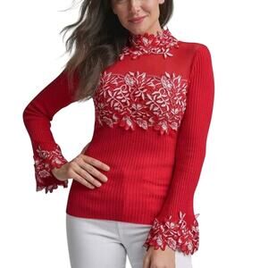 Venus Sweater Y2K Large Red White 3D Floral Appliqué Lace Stretch Women's Sz Med